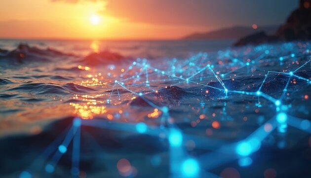 Glowing digital network overlays ocean waves during sunset. Futuristic technology blends with natural sea scenery. Blue lights connect across water surface reflecting orange sky.
