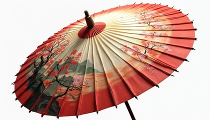 Obraz premium Ornate oriental umbrella features painted cherry blossoms and misty mountains landscape. Traditional Asian parasol isolated on white background, offers stylish sun or rain protection.