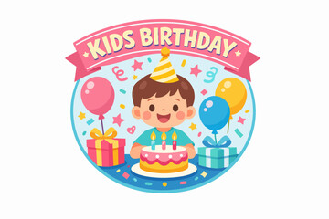 Obraz premium Happy child wearing a party hat, sitting behind a birthday cake with lit candles