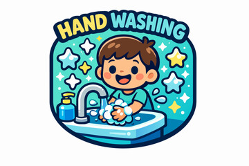 Fototapeta premium Hand washing boy promoting hygiene and cleanliness with soap and water bubbles