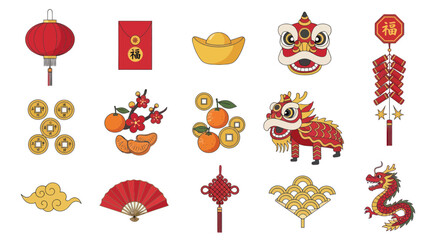 Chinese New Year Icons: Lantern, Dragon, Lion Dance, Red Envelope, Firecrackers, Coins © Citra
