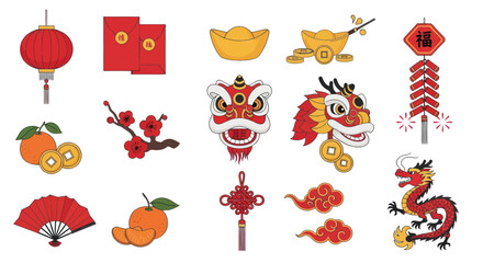 Chinese New Year Icons: Lantern, Dragon, Lion Dance, Red Envelopes, Oranges, Firecrackers © Citra