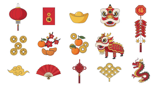 Chinese New Year Icons: Lantern, Dragon, Lion Dance, Red Envelope, Firecrackers, Coins