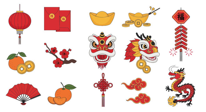 Chinese New Year Icons: Lantern, Dragon, Lion Dance, Red Envelopes, Oranges, Firecrackers