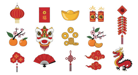 Chinese New Year Icons Collection: Festive Symbols, Dragon, Lanterns, Firecrackers, Lucky Charms