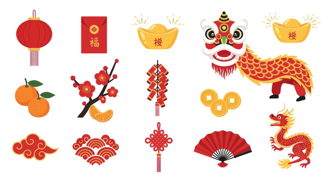 Chinese New Year elements: dragon, lion dance, lantern, red envelope, firecrackers, oranges, plum blossom