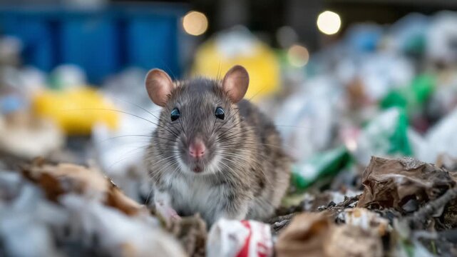 360Macro shot of a rat nibbling food scraps among trash, discarded packaging and paper debris visible, urban alley background blurred, realistic pest infestation concept
