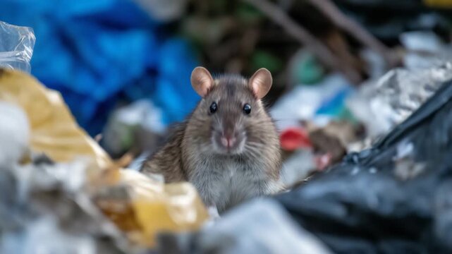 364Close-up of brown rat amidst urban waste, torn trash bags, food debris, dark alley background, sanitation issue, focus on pest problem in city environment
