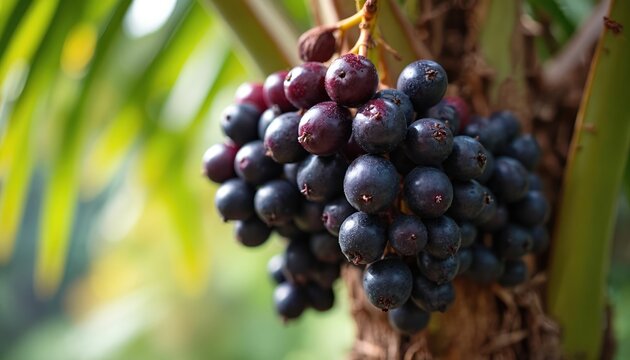 Ripe acai berries cluster on palm tree branch. Dark purple fruit bunch grows in tropical rainforest. Healthy superfood ready for harvest. Natural sweet food.