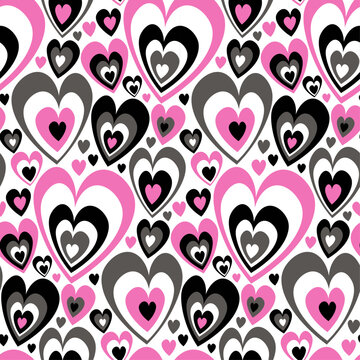 Seamless pattern with pink, black and white, grey colors hearts. Romantic background. Love, valentine's day themes.