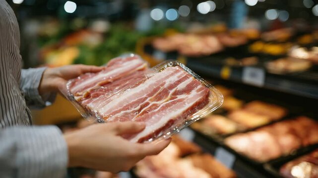 379Close-up of hands comparing two packs of bacon, transparent packaging showing pink pork slices, supermarket shelves full of meat products, consumer choice and food shopping concept