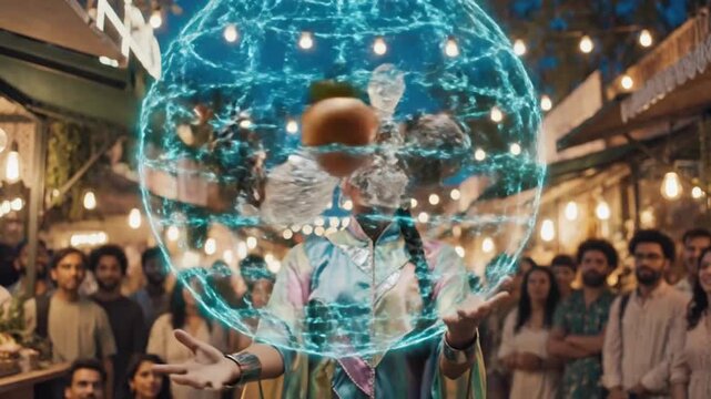Dynamic juggler in a viintimate apparelnt market: woman performing with decanter and fruit for an appreciative crowd at a nighttime bazaar