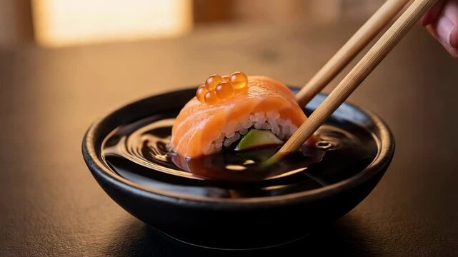 Sushi roll soy sauce dip slow motion japanese food commercial close up salmon restaurant advertisement background copy space oriental dinner