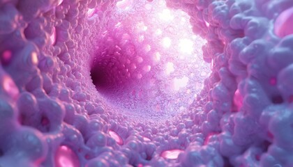 Fototapeta premium Organic tunnel with glowing pink and purple fluid forms. Abstract 3D render simulates inner space or microscopic world. Smooth, bubbly texture creates wonder.