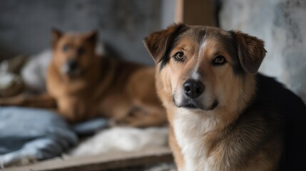 Naklejka premium An evocative image capturing abandoned dogs in shelter serves as a powerful reminder of the consequences of neglect while urging potential adopters to consider the joy of welcoming a furry friend