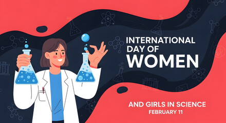 International day of women and girls in science banner with a woman in a lab coat holding beakers on a red and black background