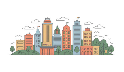 Obraz premium Flat Vector Illustration of City Buildings with Trees and Urban Landscape on White