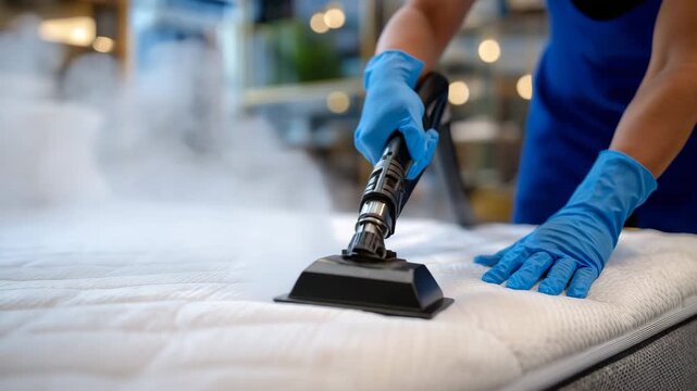 395Wide close-up of mattress surface being treated with hot steam, hands in gloves pressing extractor, clean white mattress texture visible, commercial cleaning and hygiene emphasized