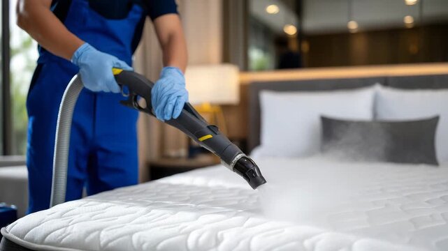 401Side-profile close-up of professional mattress cleaning, steam vapor and extractor nozzle in focus, white mattress fully visible, employee wearing protective gloves, modern home be