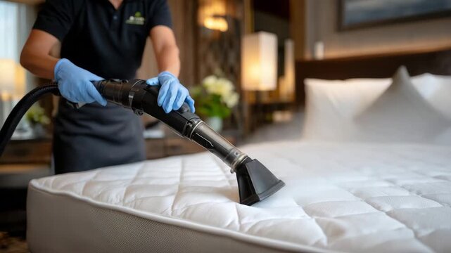 405Close-up of steam extractor nozzle gliding over mattress edge, side view of bedroom furniture in background, employee&rsquo;s gloved hands controlling device, focus on hygiene and cleanl