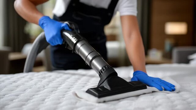 409Side-angle wide close-up of mattress cleaning process, vacuum extractor and gloved hands in focus, white mattress texture highlighted, commercial hygiene and regular cleanup concep