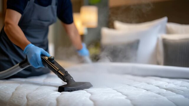 412Detail shot of hot steam cleaning mattress fibers, hands in protective gloves operating extractor, side view of modern bedroom with clean white bedding, professional mattress sanit