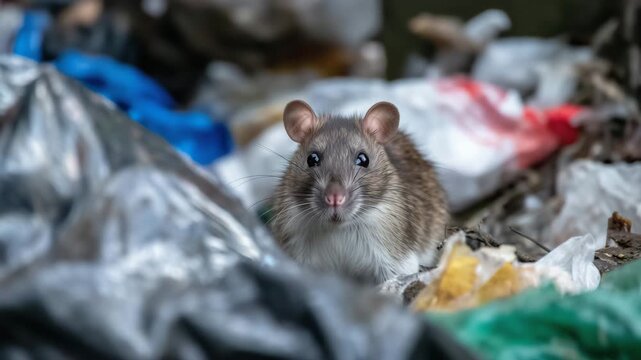 Close-up of brown rat amidst urban waste, torn trash bags, food debris, dark alley background, sanitation issue, focus on pest problem in city environment
