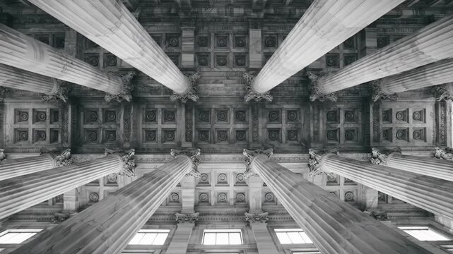 Worm's eye video of vast, symmetrical classical fluted columns & ornate coffered ceiling, high-contrast grayscale, bright light, architectural grandeur concept.