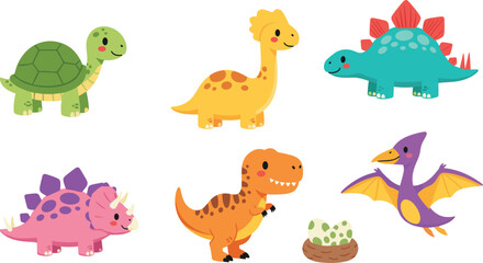 Cartoon dinosaurs vector set, cute prehistoric animals, T-Rex, triceratops, stegosaurus, pterosaur, dinosaur eggs, kids illustration, fun dino characters © LITON