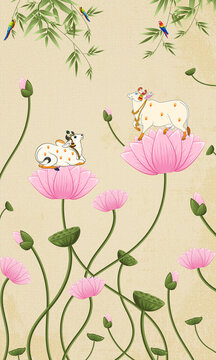 PICHWAI COW AND LOTUS KAMDHENU STYLE WALLPAPAER
