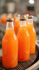 Fresh orange juice in glass bottles, vibrant color, beverage production, factory setting, healthy drink, refreshing taste