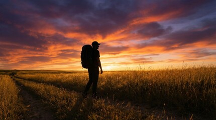 Fototapeta premium Adventurous hiker stands in golden grass under sunset sky. Stunning landscape captures freedom and exploration. Ideal image for travel and outdoor lifestyle themes.