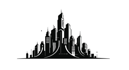 Obraz premium Modern city skyline urban landscape silhouette illustration with skyscrapers and buildings in black and white on white background for design and architecture concepts