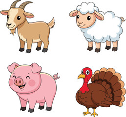 Obraz premium Cartoon farm animals vector set, goat, sheep, pig, turkey, cute animal characters for kids, educational illustration, farm pet clipart
