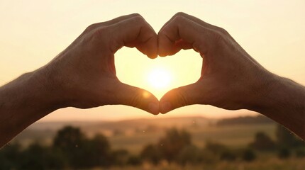 Obraz premium Hands forming heart shape against sunset backdrop. Romantic atmosphere inspires love and connection. Ideal for relationship content, wedding themes, or positive emotions. Heart symbolizes unity.