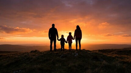 Fototapeta premium Family silhouette at sunset on hillside. Beautiful landscape captures bonding moments. Scenic view creates warm atmosphere, ideal for family life concepts and outdoor adventures.