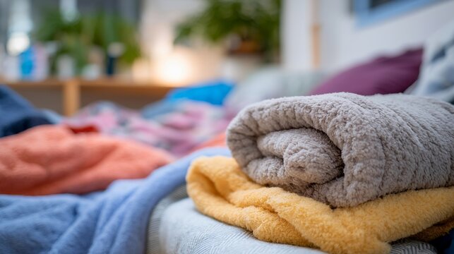 A refugee shelter on the floor adorned with blankets reveals the human aspects of migration, underscoring the soft textures contrasting with harsh realities of life on the move and the quest for