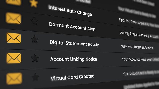 Email inbox view with digital statement and other account related unread messages 4k video