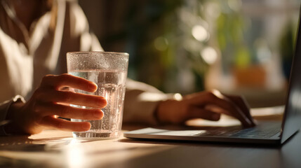 Person holding glass of water while using laptop on wooden table © Julia