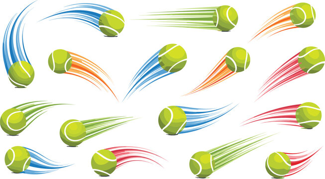 Tennis Ball Motion Trail Icon Set with Colorful Speed Effects for Sports Action and Dynamic Design