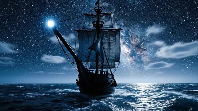 Blue Gemstone on Sailing Ship Prow Under Starry Night Sky
