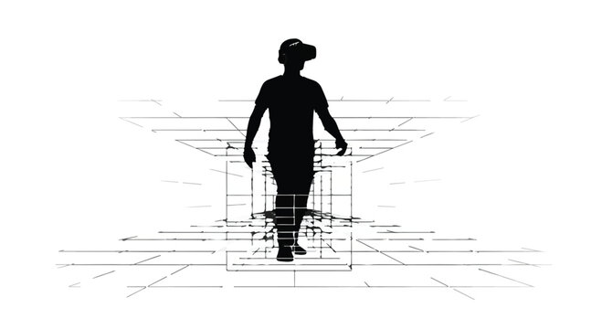 Silhouette of futuristic woman wearing virtual reality headset walking through digital grid network cityscape background