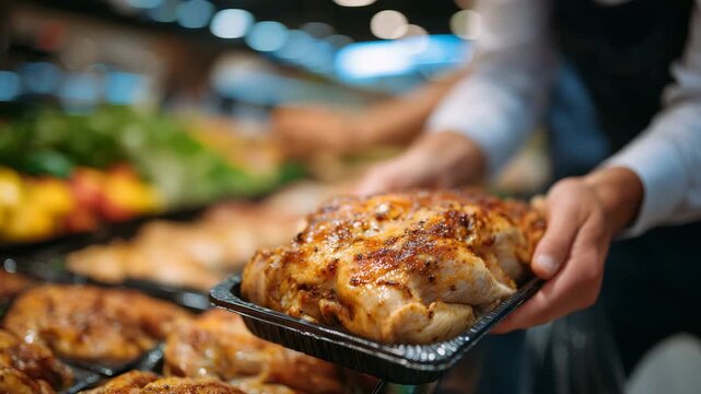 Close-up of hands lifting a broiler chicken pack from the shelf, supermarket aisle perspective, orderly display of poultry products, everyday grocery shopping scene