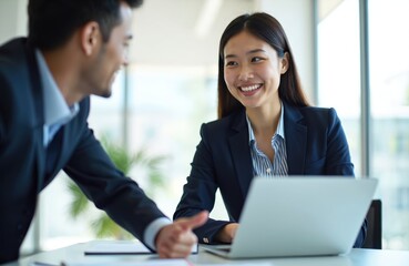 Fototapeta premium Asian woman smiles during business meeting with man. Colleagues collaborate using laptop, discuss project, share ideas, plan strategy. Positive work environment.