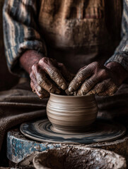Local artisan shaping pottery in a traditional workshop, earthy natural colors, soft window light