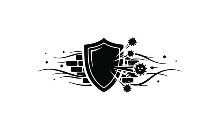 Cyber security shield protection concept with abstract virus attack and digital defense elements in black and white
