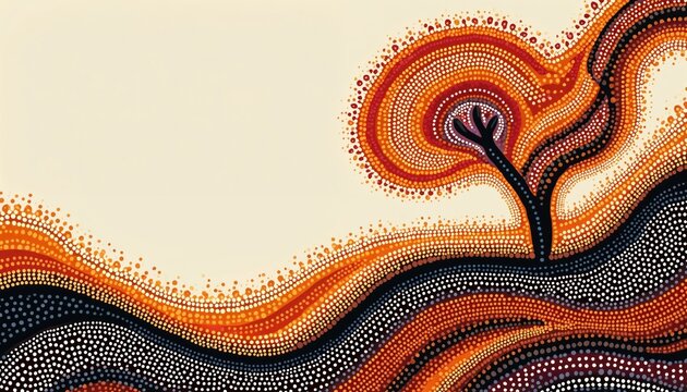 Indigenous Australian art uses dots forming a tree and landscape. Colors are warm earth tones like orange red and yellow. Design represents Aboriginal culture and heritage.