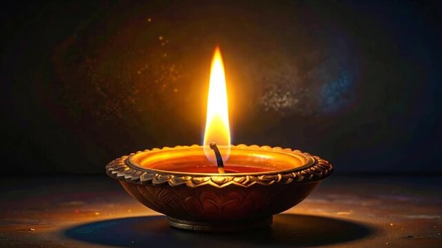 Close-up of a small, ornate oil lamp with a bright, flickering flame.