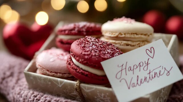 Close-up of red and pink macarons in a gift box, small handwritten Valentine&rsquo;s card on top, soft warm lighting