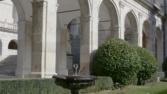 Small fountain inside the garden of the Abbey of Montecassino, Lazio, Italy
